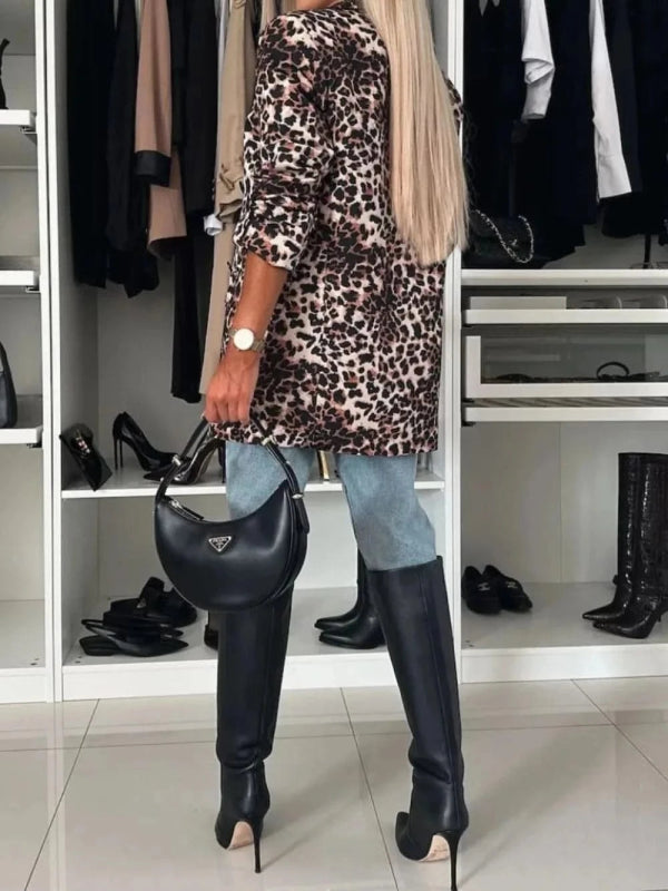 Animal Print Long Sleeve Blazer - ShalayeFashion