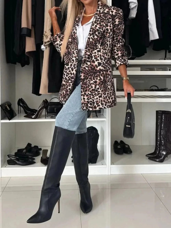 Animal Print Long Sleeve Blazer - ShalayeFashion