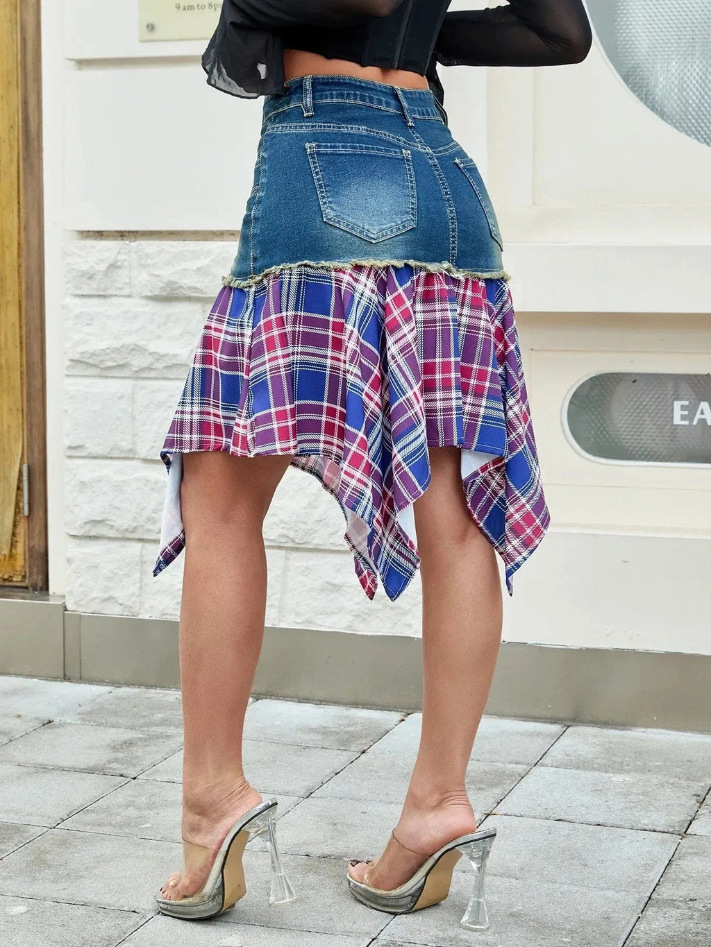 Asymmetric Plaid Hem Denim Skirt - ShalayeFashion