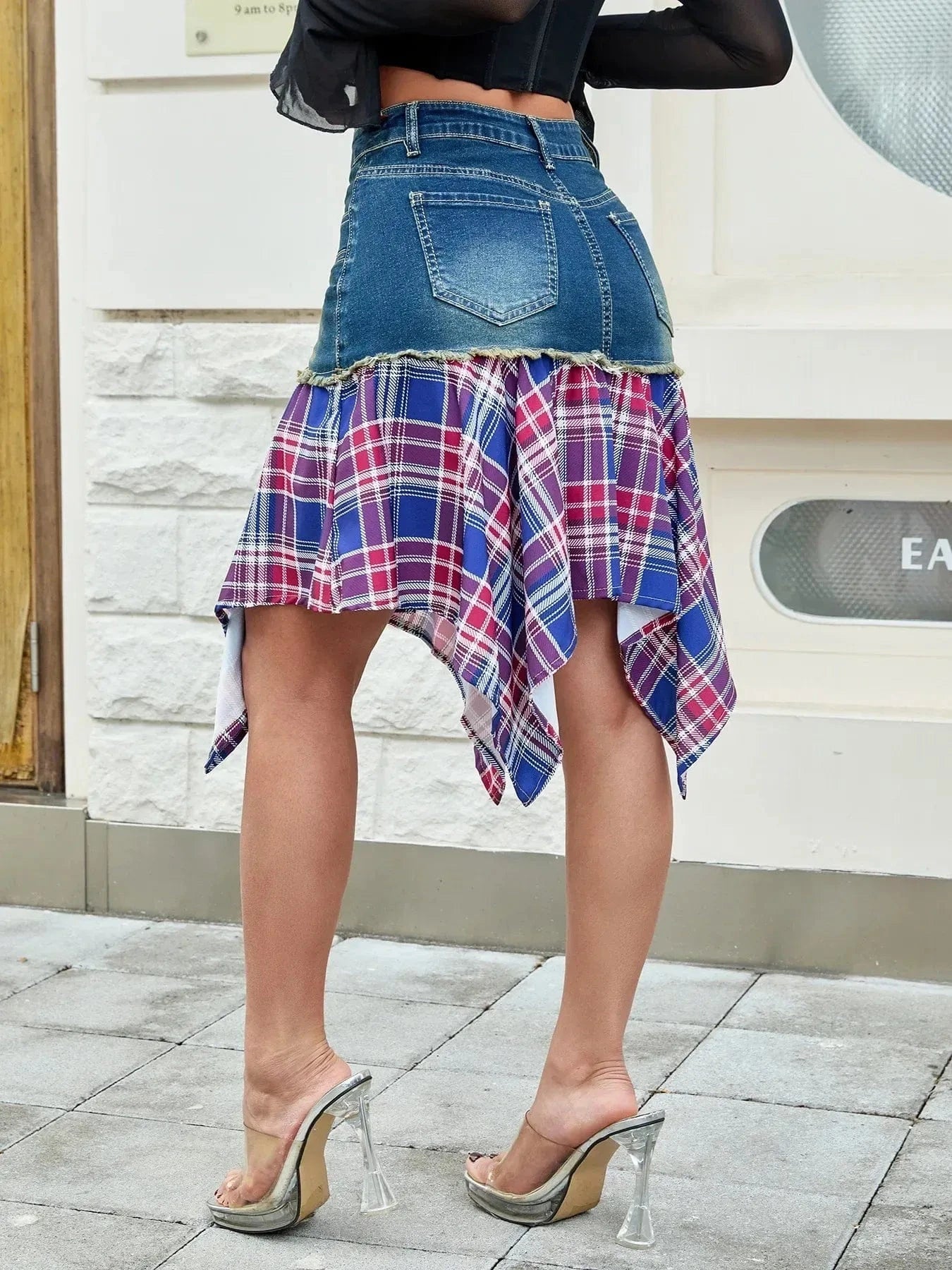 Asymmetric Plaid Hem Denim Skirt - ShalayeFashion