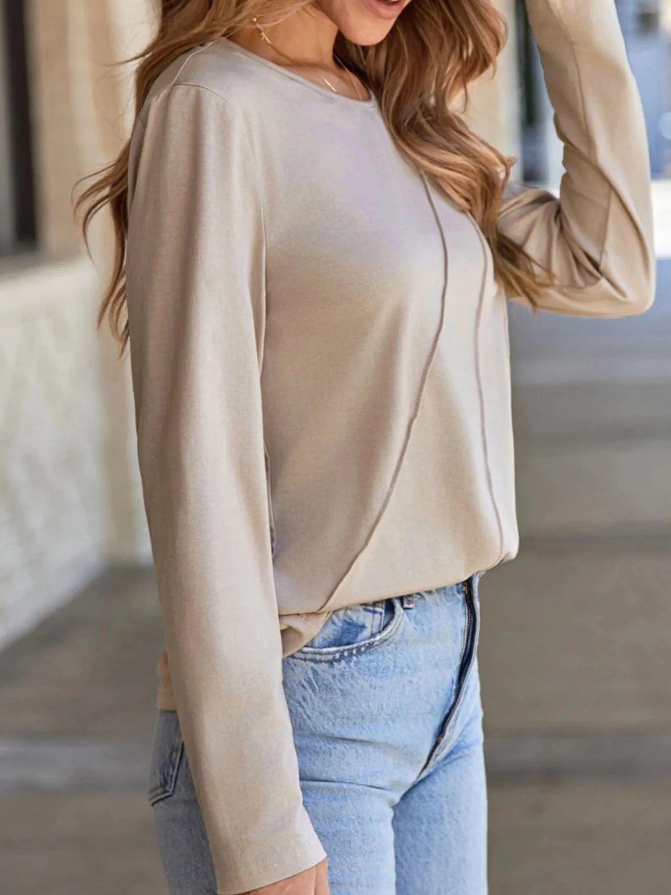 Asymmetric Seam Detail Long Sleeve Top - ShalayeFashion