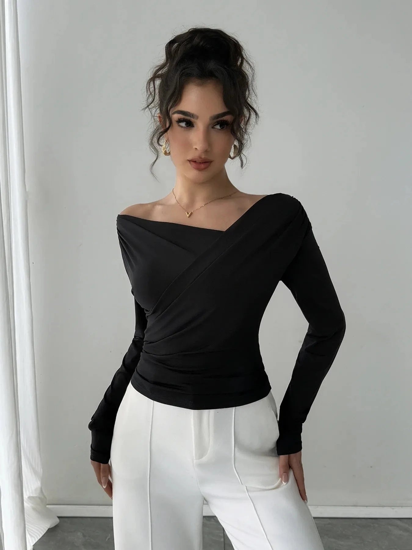 Asymmetrical Long Sleeve Blouse - ShalayeFashion