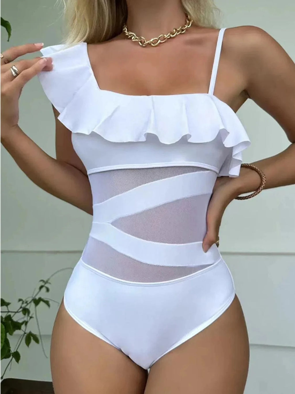 Asymmetrical Ruffled One - Piece Swimwear - ShalayeFashion
