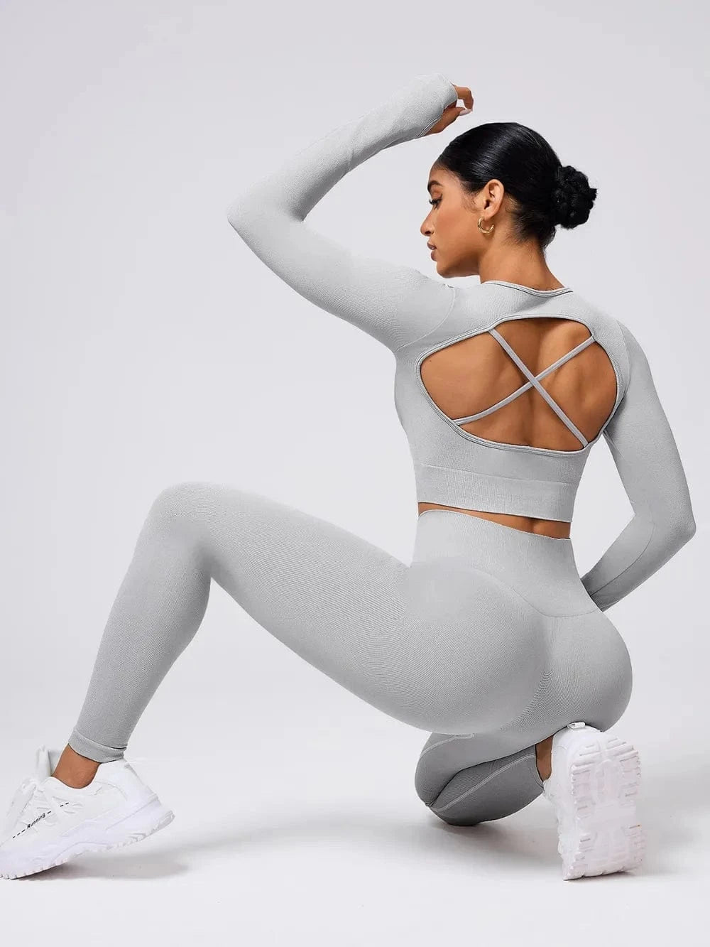 Back Crisscross Round Neck Long Sleeve Top and Leggings Active Set - ShalayeFashion