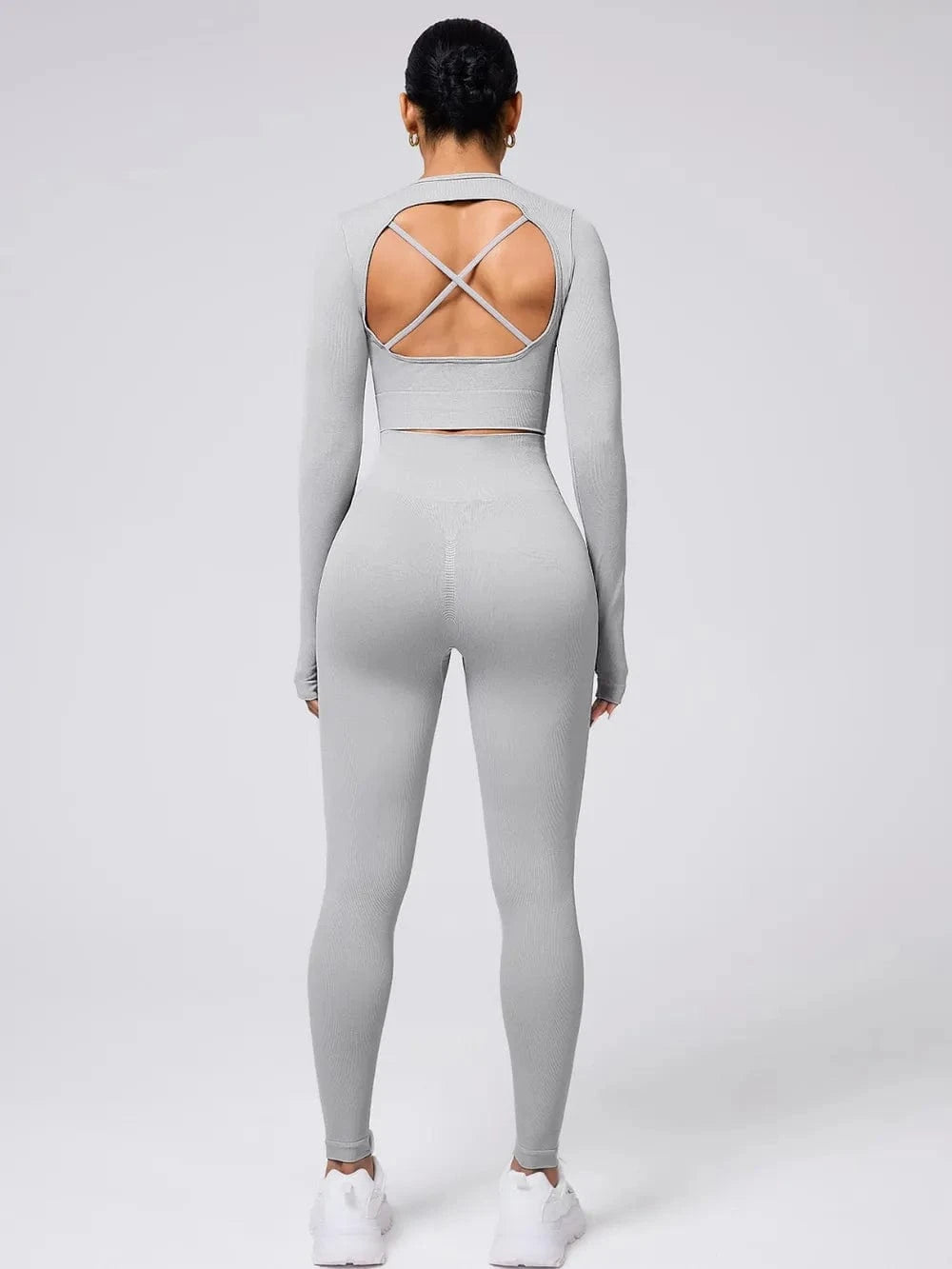 Back Crisscross Round Neck Long Sleeve Top and Leggings Active Set - ShalayeFashion