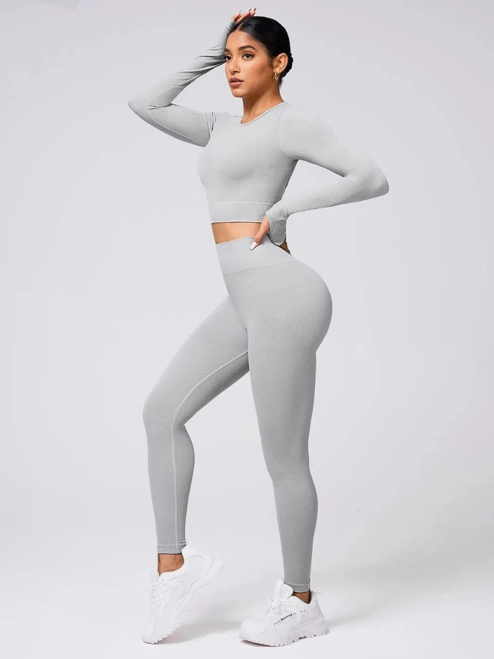 Back Crisscross Round Neck Long Sleeve Top and Leggings Active Set - ShalayeFashion
