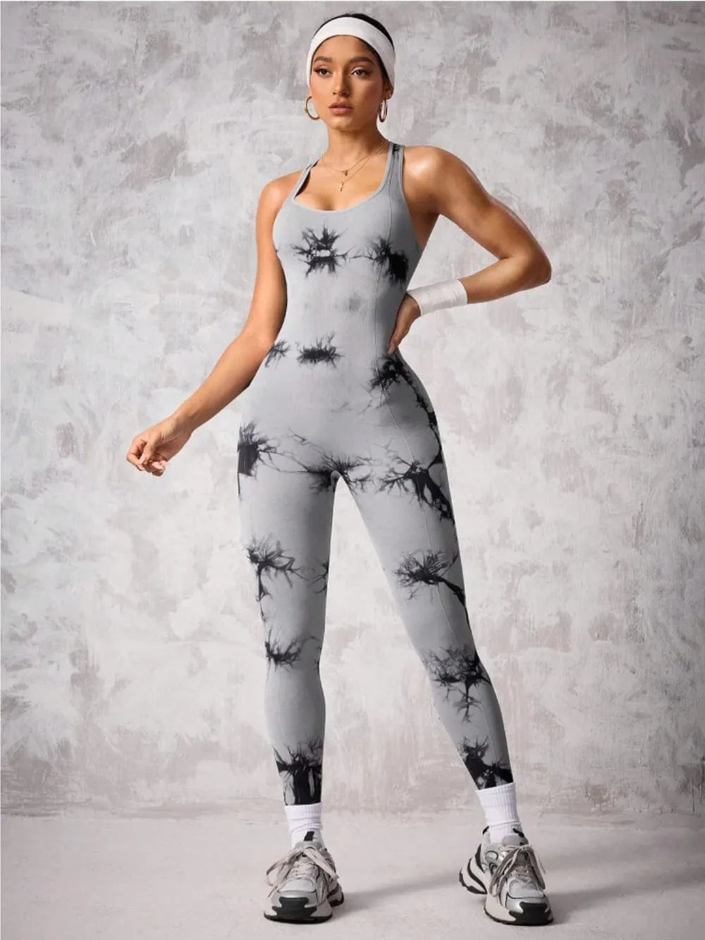 Back Crisscross Tie - Dye Scoop Neck Active Jumpsuit - ShalayeFashion