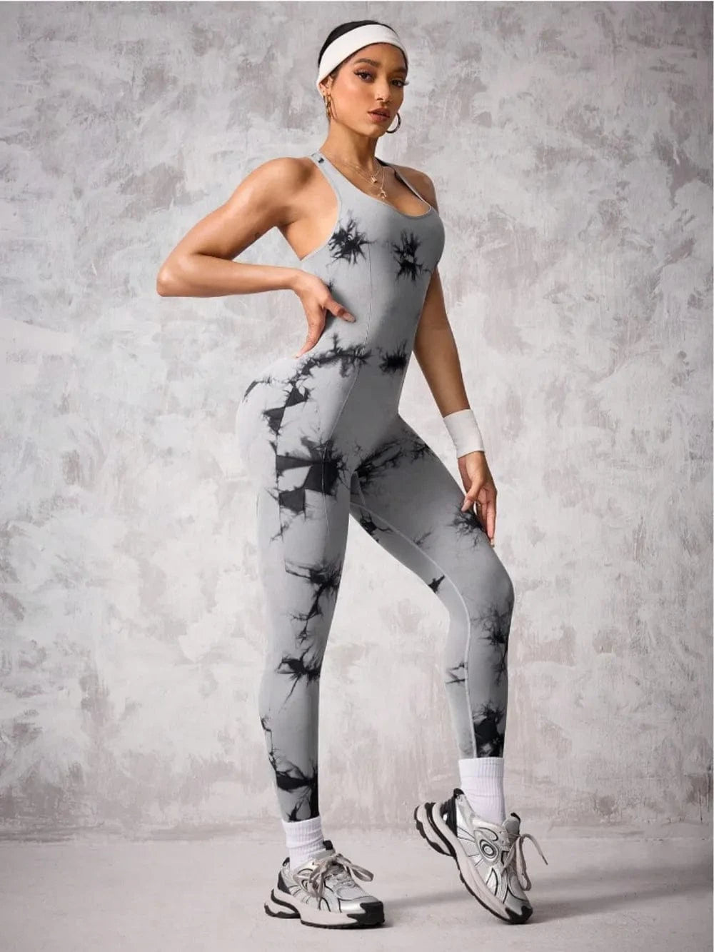 Back Crisscross Tie - Dye Scoop Neck Active Jumpsuit - ShalayeFashion