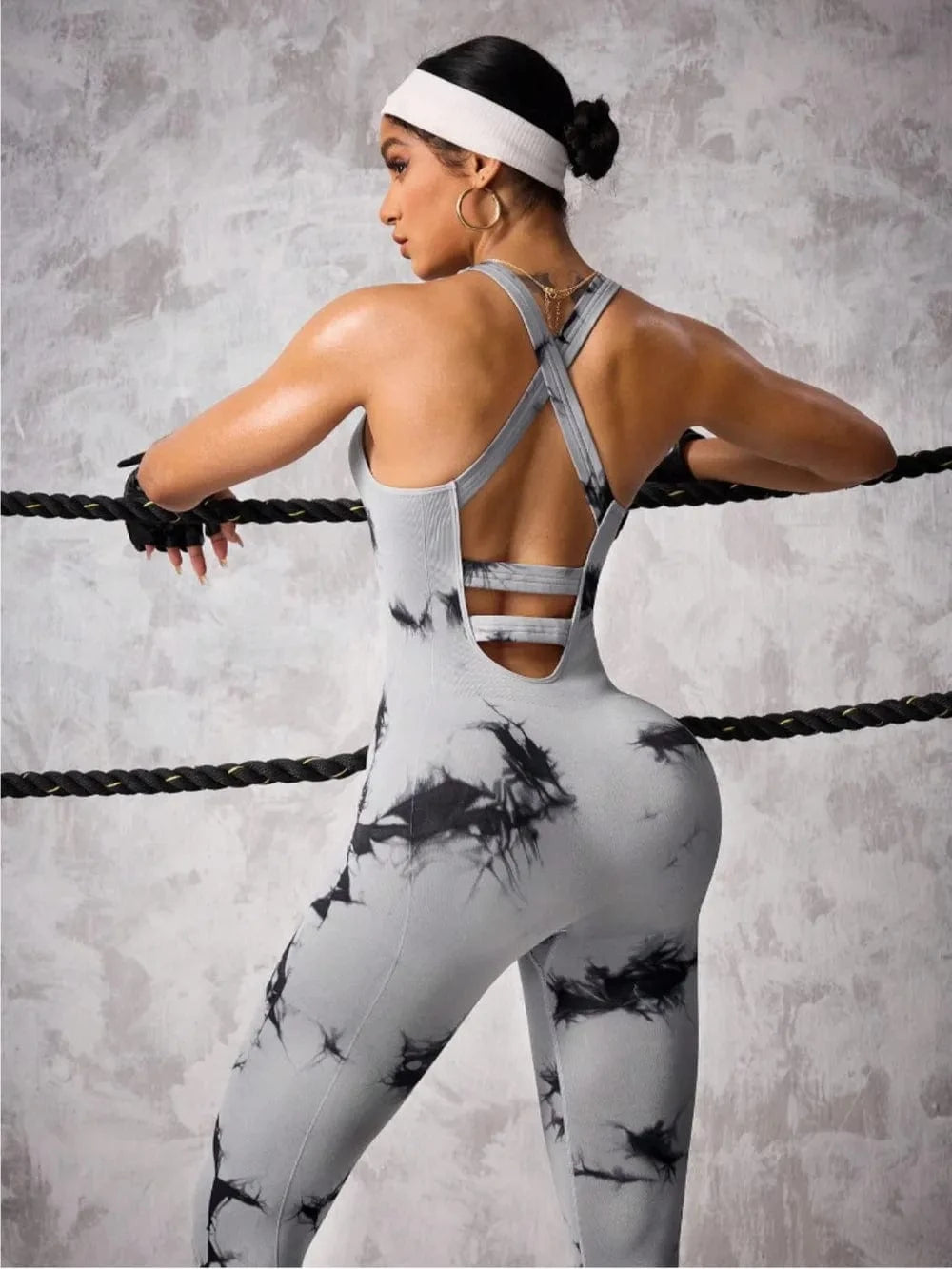 Back Crisscross Tie - Dye Scoop Neck Active Jumpsuit - ShalayeFashion
