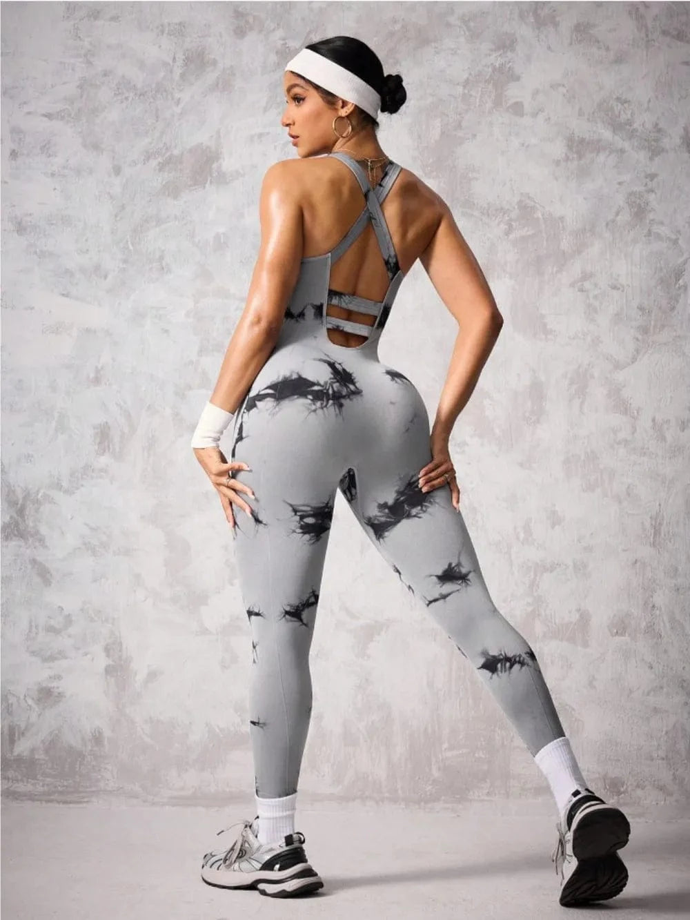 Back Crisscross Tie - Dye Scoop Neck Active Jumpsuit - ShalayeFashion