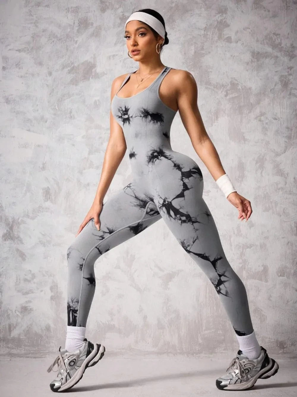 Back Crisscross Tie - Dye Scoop Neck Active Jumpsuit - ShalayeFashion