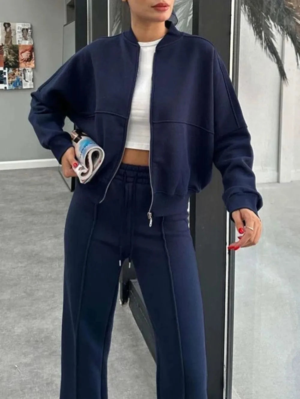 Baseball Collar Zip Up Outerwear and Drawstring Pants Set - ShalayeFashion