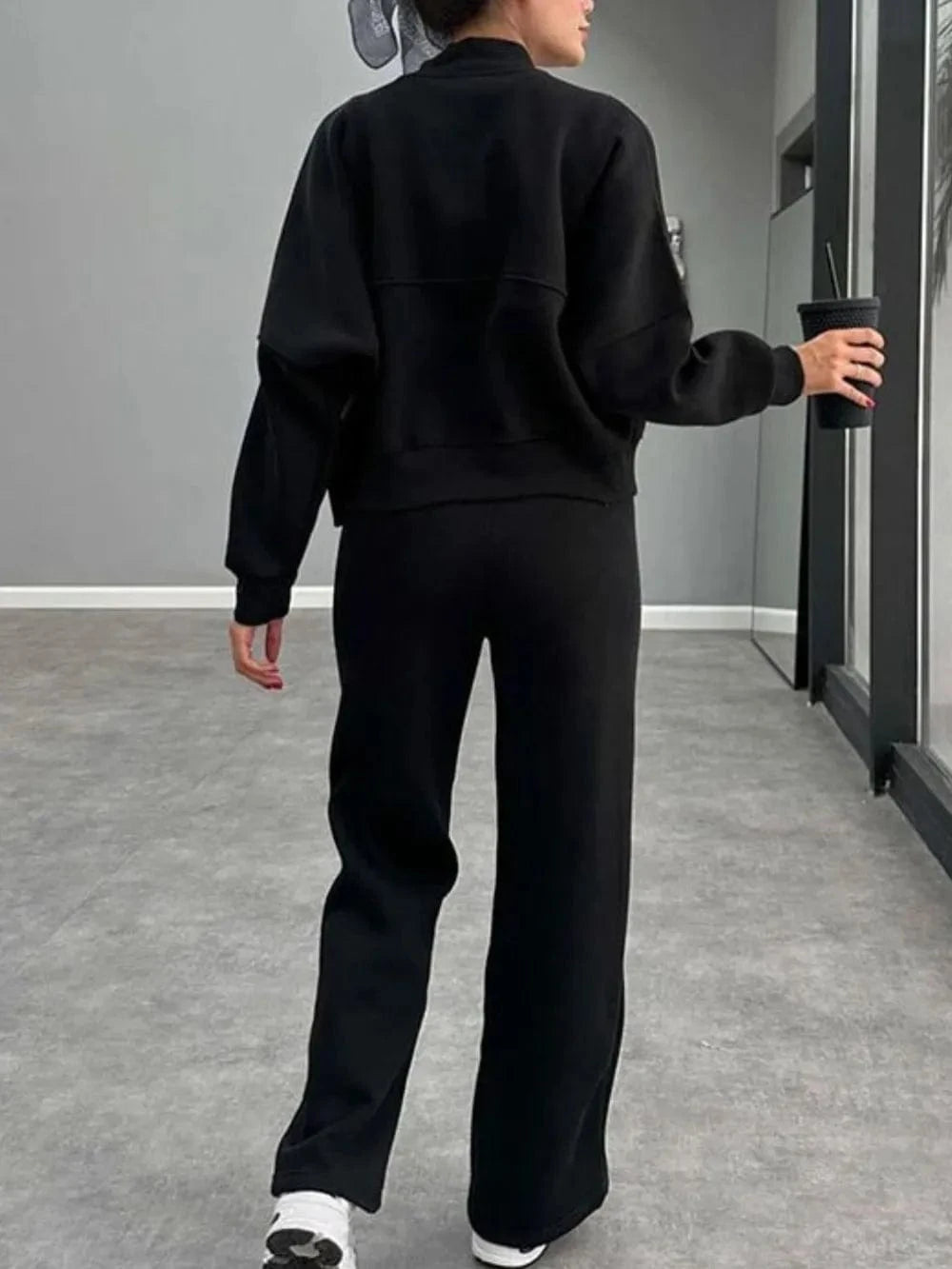 Baseball Collar Zip Up Outerwear and Drawstring Pants Set - ShalayeFashion