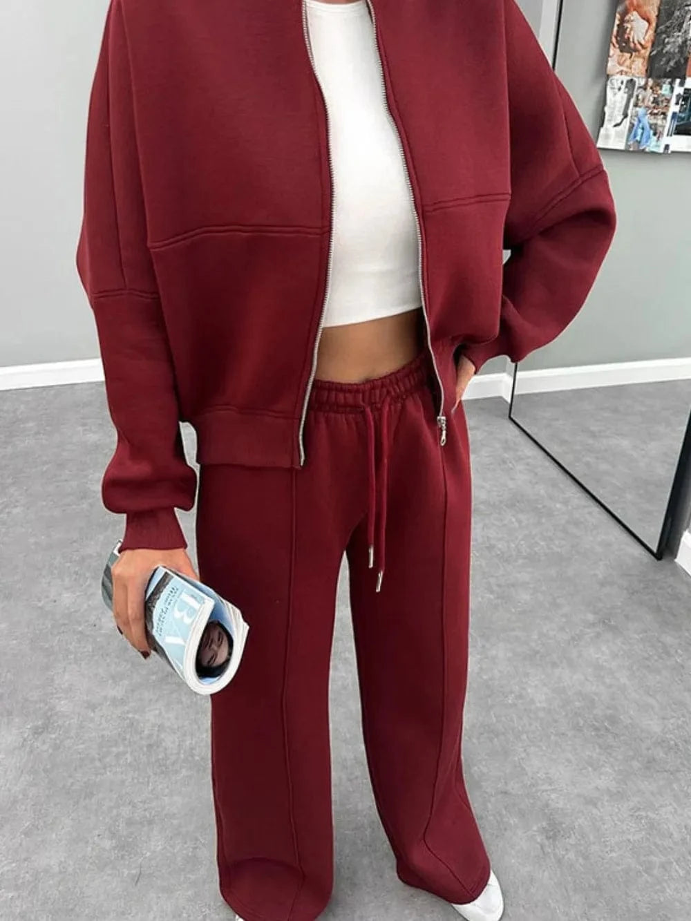 Baseball Collar Zip Up Outerwear and Drawstring Pants Set - ShalayeFashion