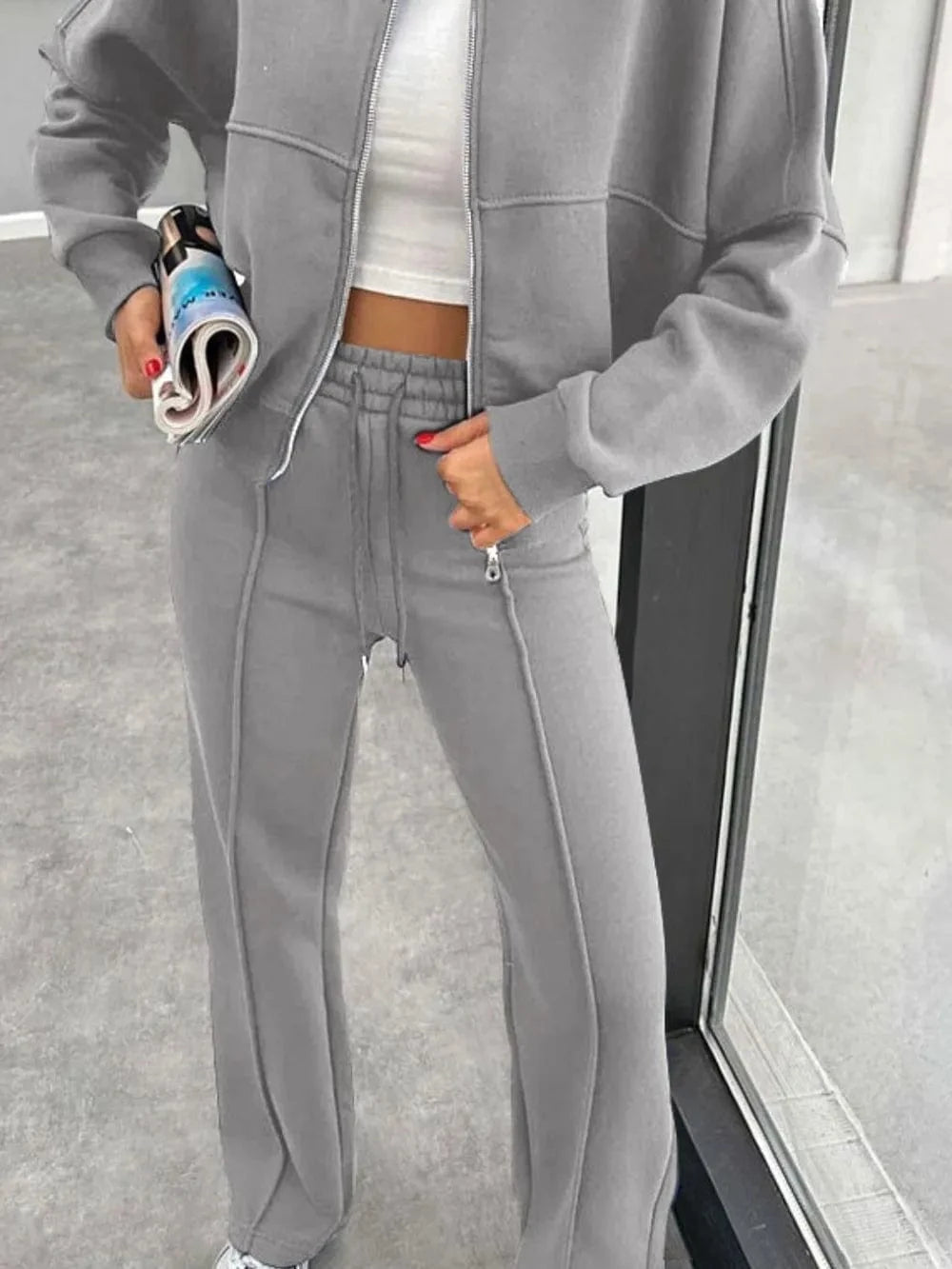 Baseball Collar Zip Up Outerwear and Drawstring Pants Set - ShalayeFashion