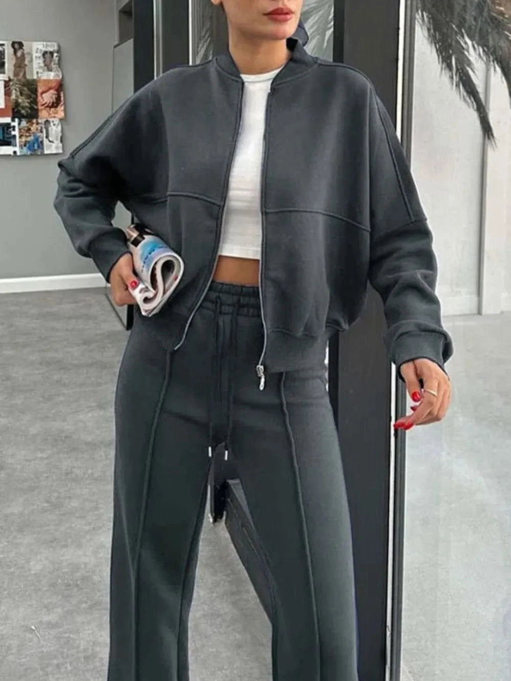 Baseball Collar Zip Up Outerwear and Drawstring Pants Set - ShalayeFashion