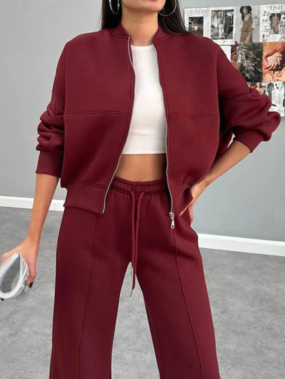 Baseball Collar Zip Up Outerwear and Drawstring Pants Set - ShalayeFashion