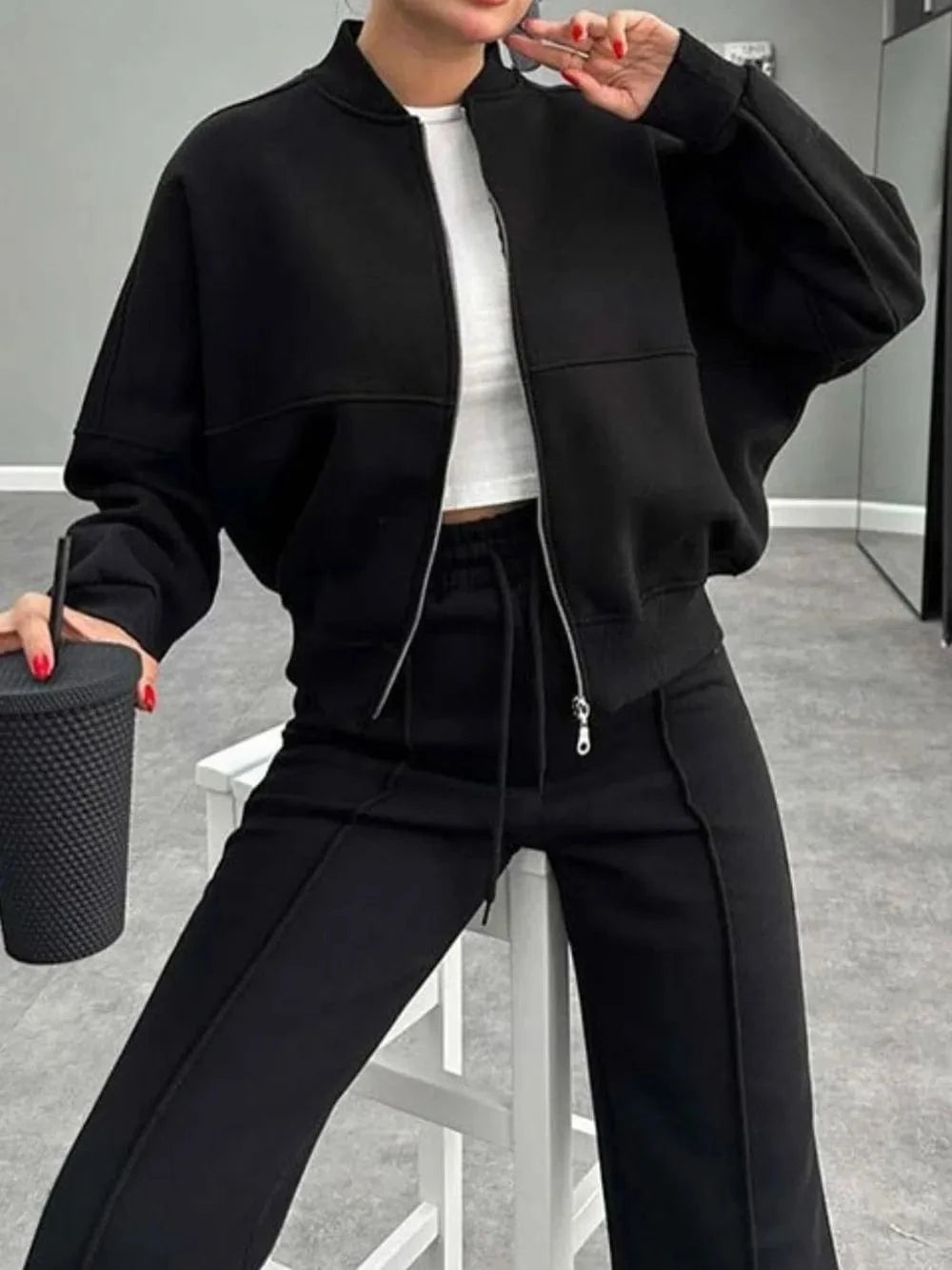 Baseball Collar Zip Up Outerwear and Drawstring Pants Set - ShalayeFashion
