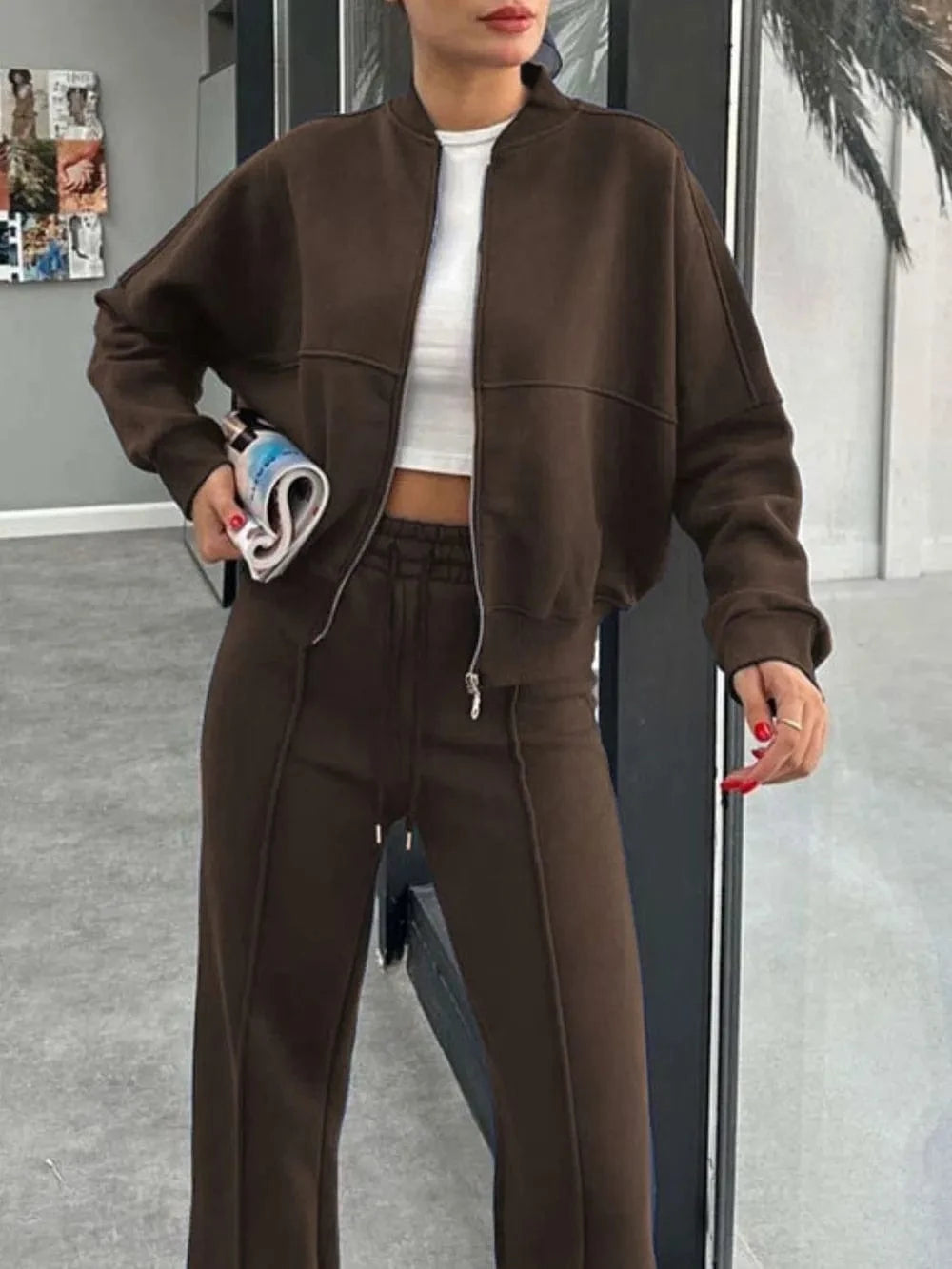 Baseball Collar Zip Up Outerwear and Drawstring Pants Set - ShalayeFashion