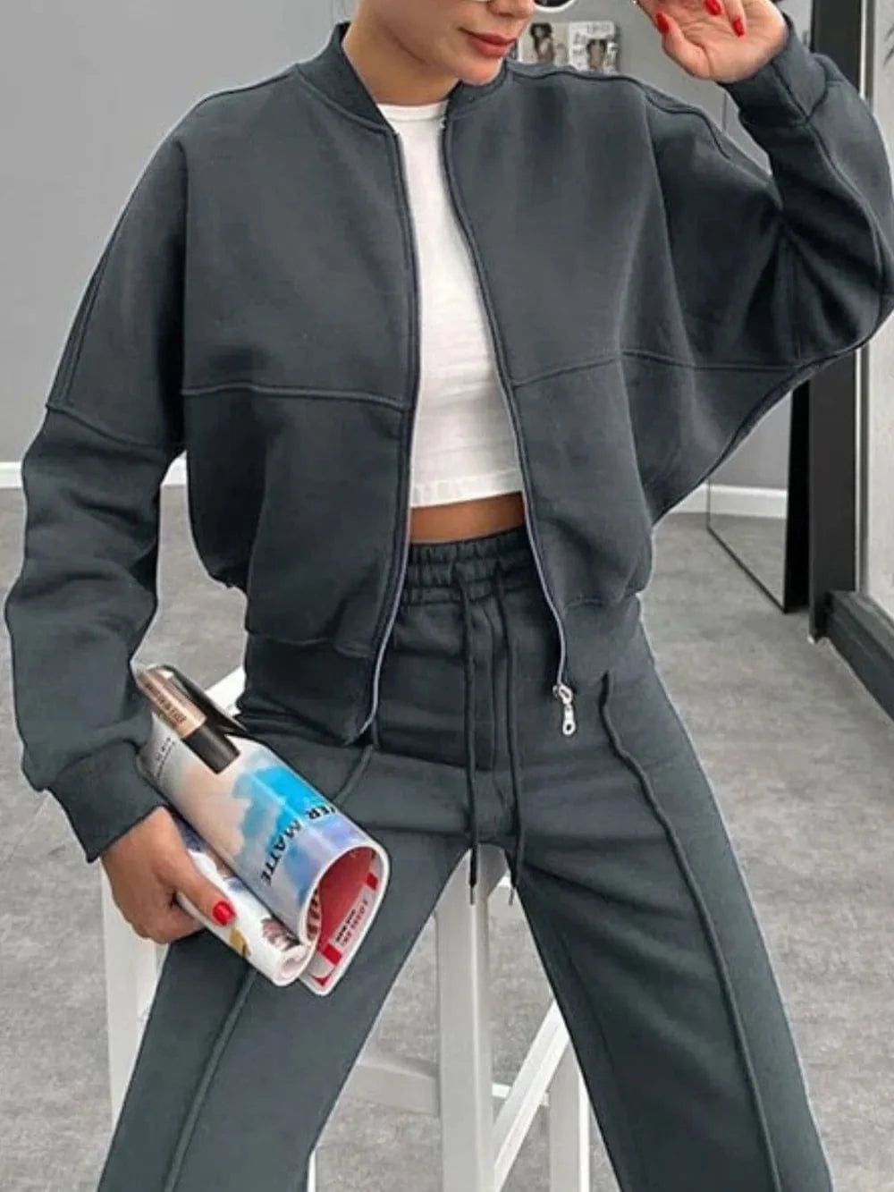 Baseball Collar Zip Up Outerwear and Drawstring Pants Set - ShalayeFashion