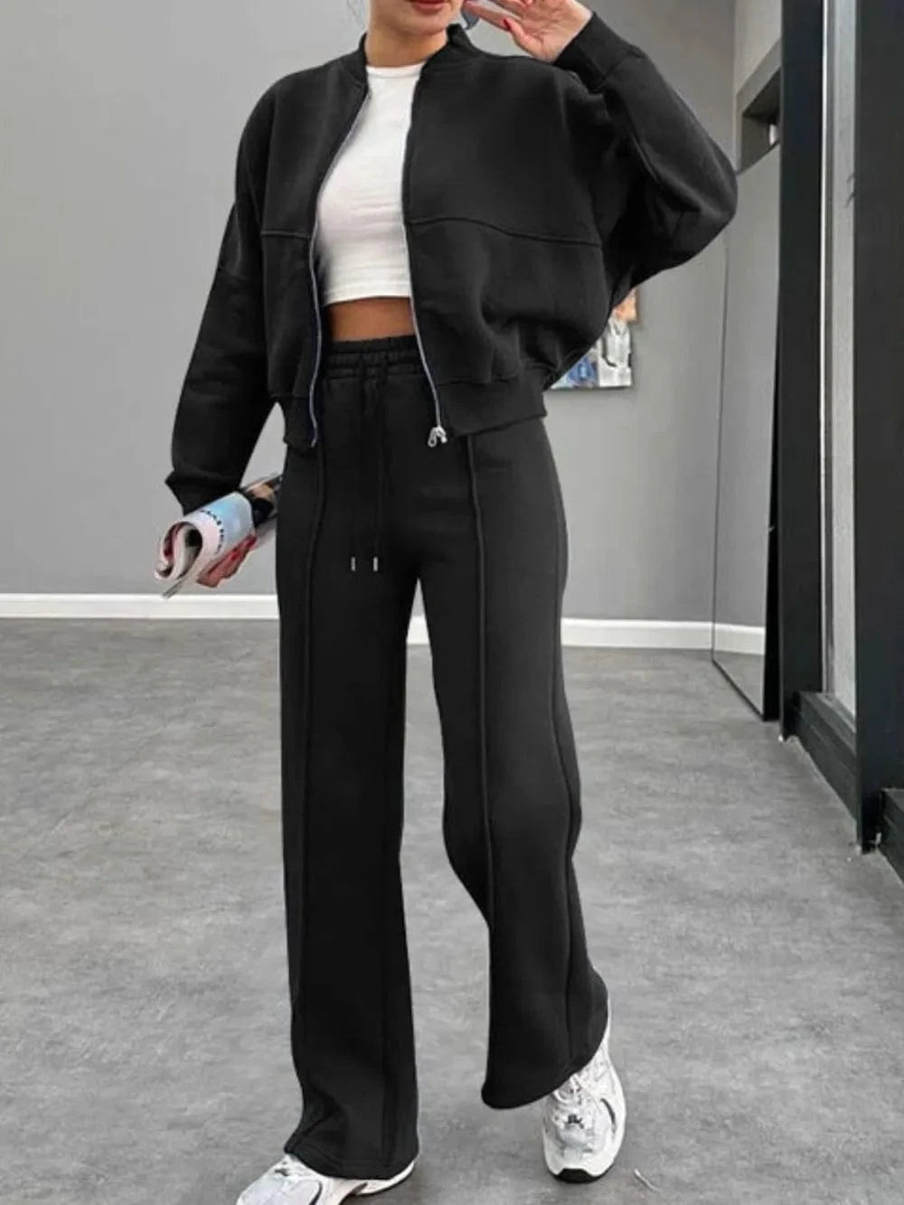 Baseball Collar Zip Up Outerwear and Drawstring Pants Set - ShalayeFashion