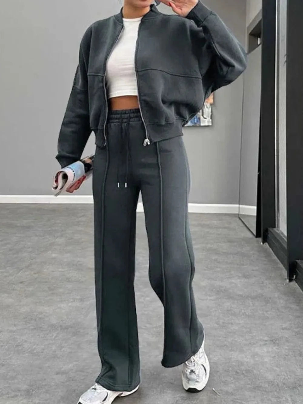 Baseball Collar Zip Up Outerwear and Drawstring Pants Set - ShalayeFashion