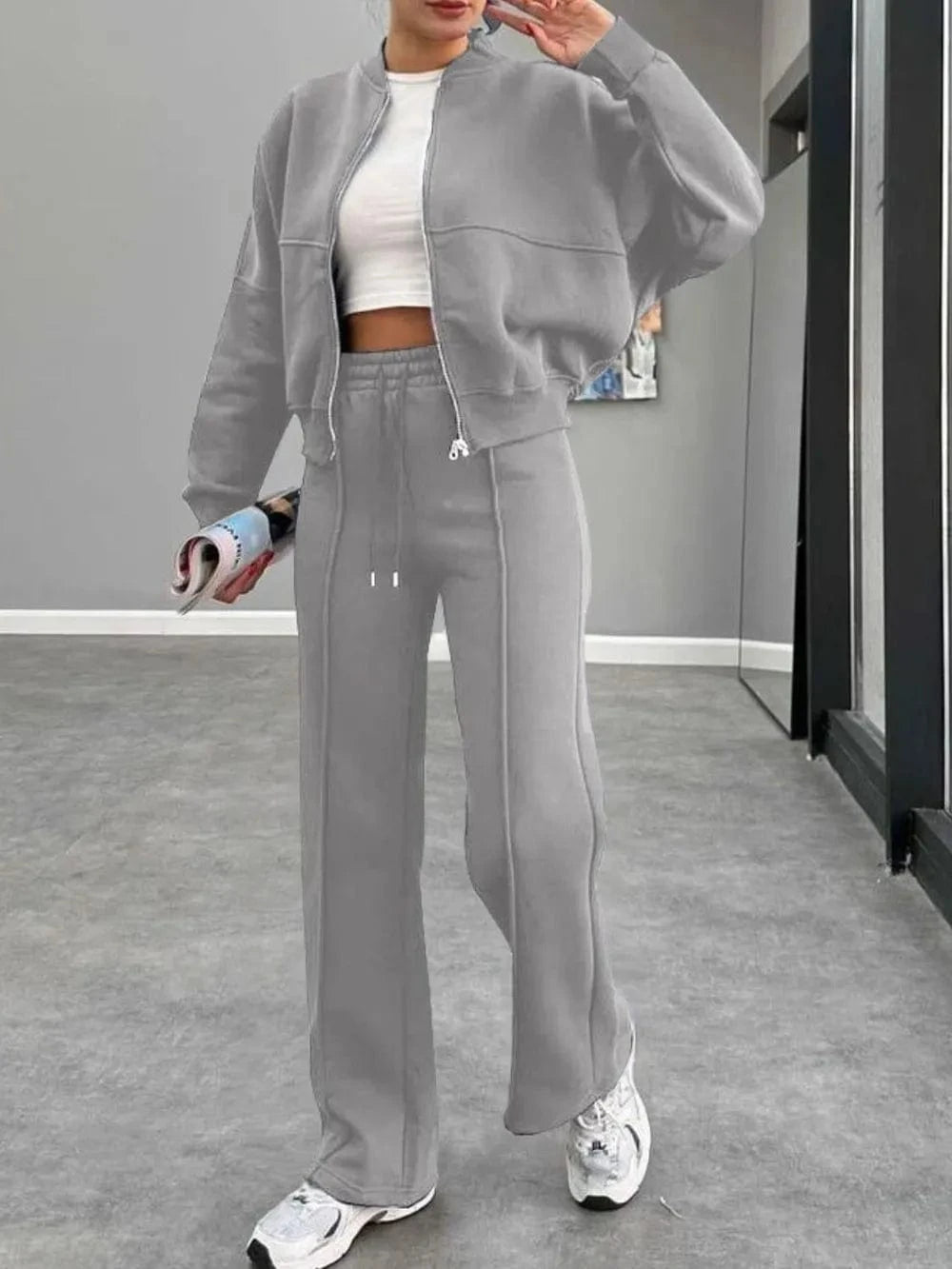 Baseball Collar Zip Up Outerwear and Drawstring Pants Set - ShalayeFashion