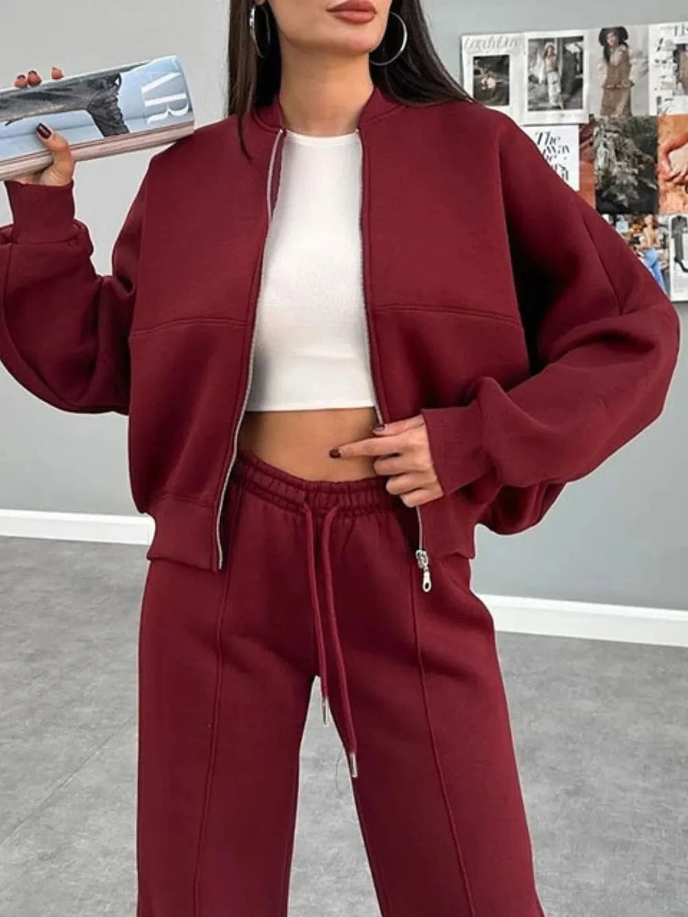 Baseball Collar Zip Up Outerwear and Drawstring Pants Set - ShalayeFashion
