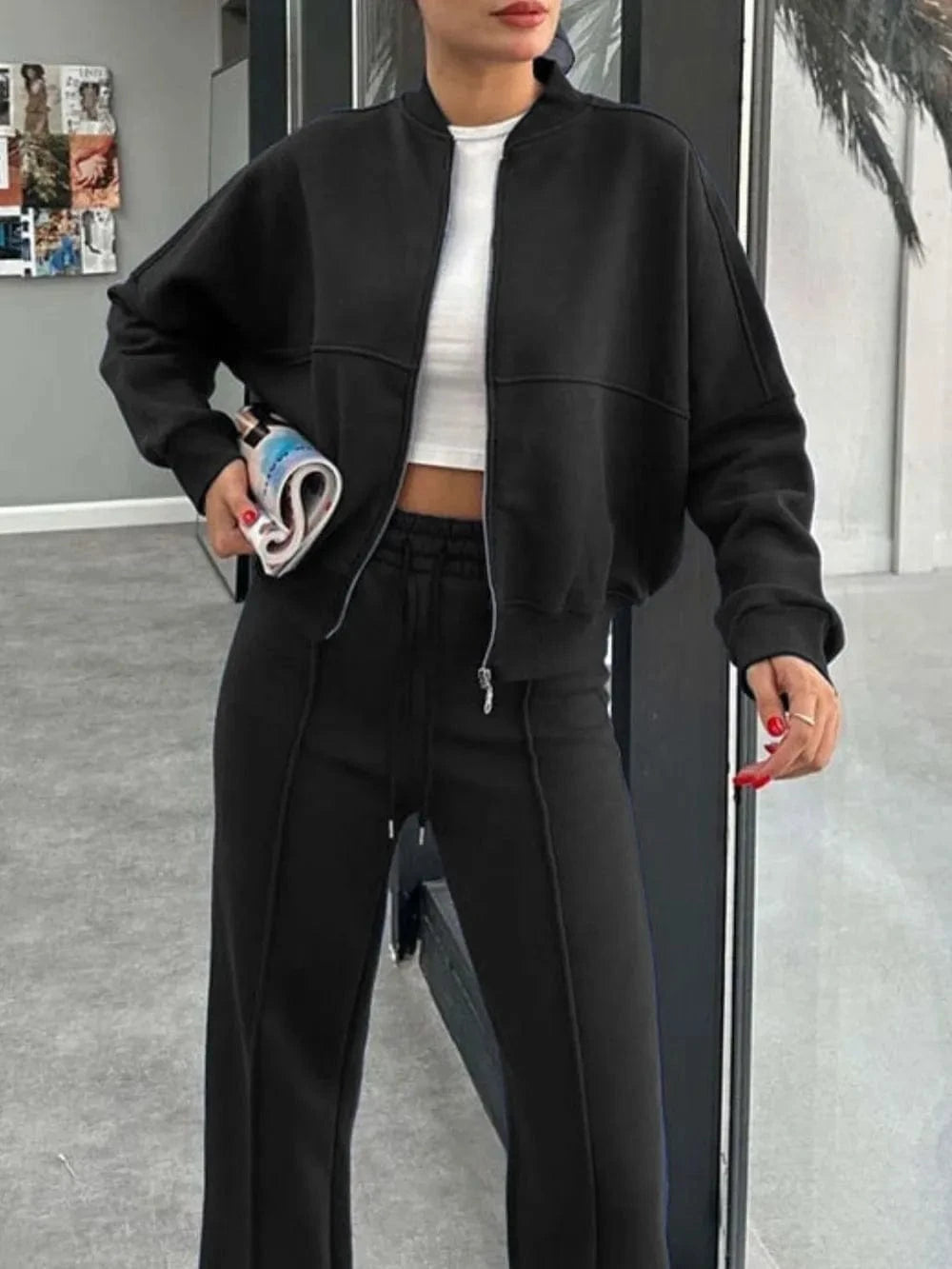 Baseball Collar Zip Up Outerwear and Drawstring Pants Set - ShalayeFashion