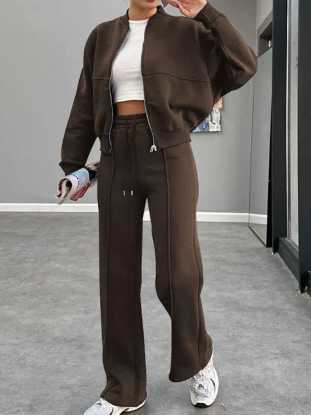 Baseball Collar Zip Up Outerwear and Drawstring Pants Set - ShalayeFashion