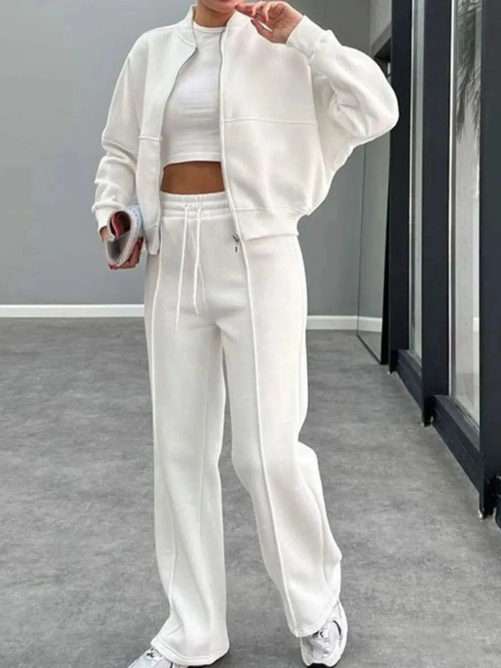 Baseball Collar Zip Up Outerwear and Drawstring Pants Set - ShalayeFashion