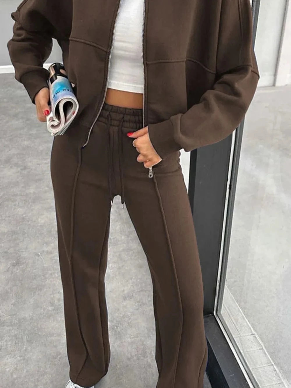 Baseball Collar Zip Up Outerwear and Drawstring Pants Set - ShalayeFashion