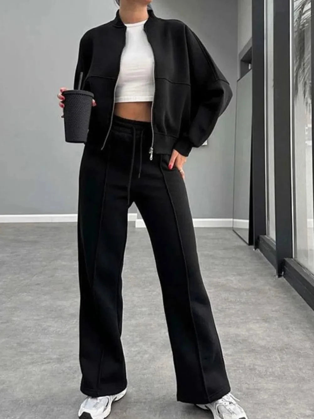 Baseball Collar Zip Up Outerwear and Drawstring Pants Set - ShalayeFashion