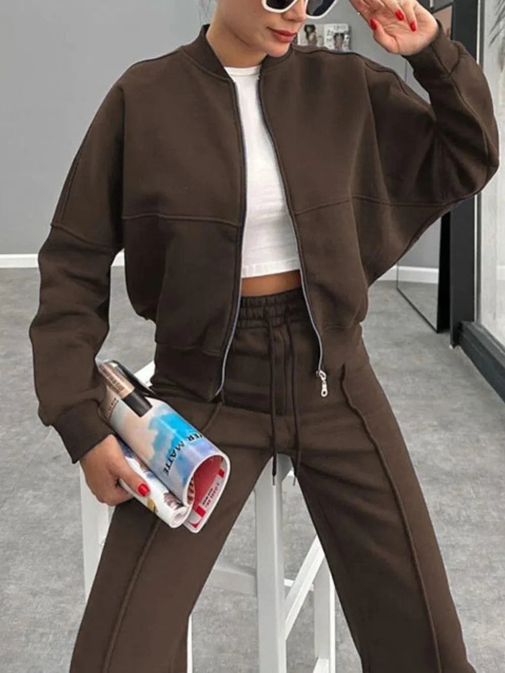 Baseball Collar Zip Up Outerwear and Drawstring Pants Set - ShalayeFashion