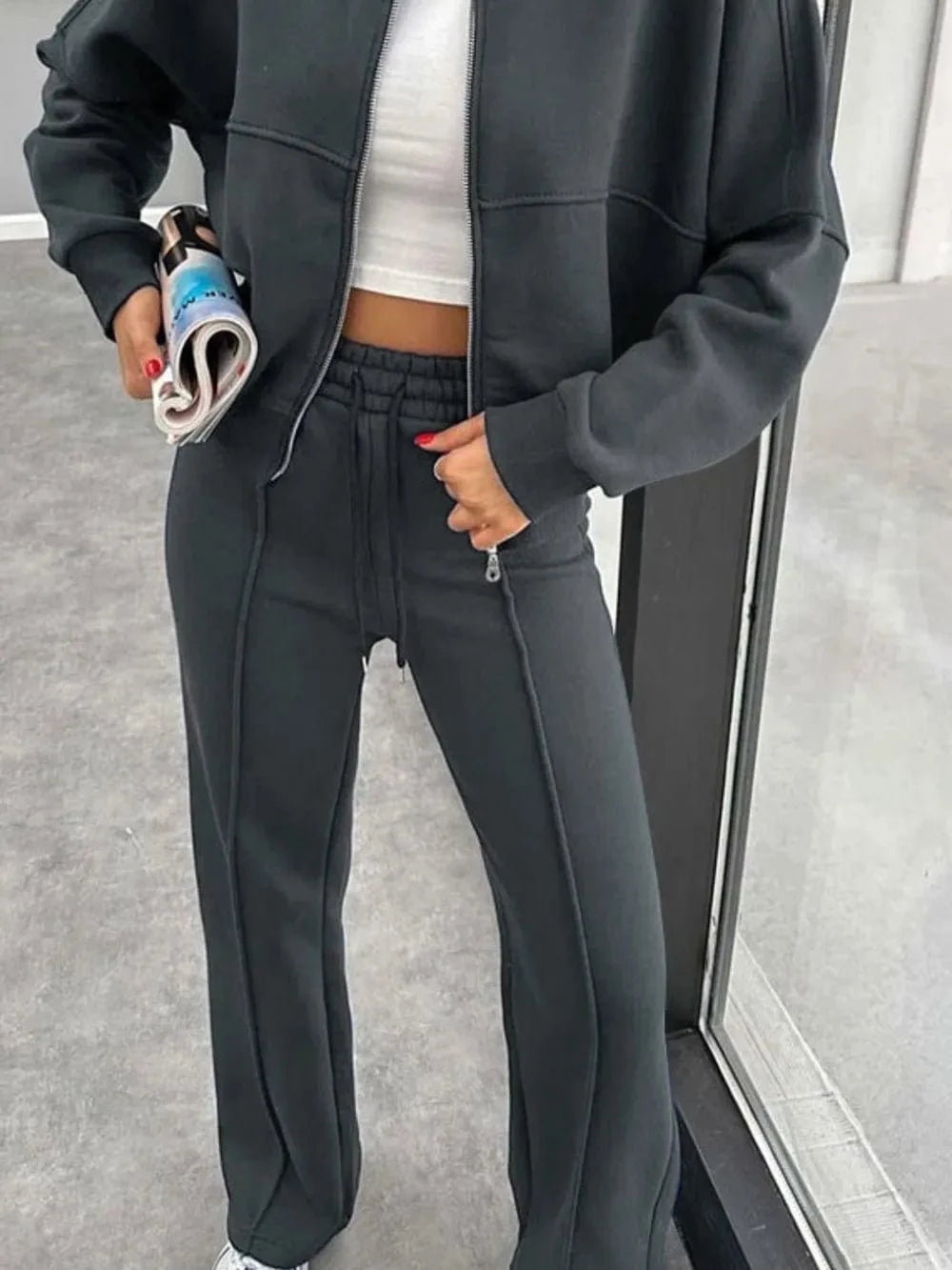 Baseball Collar Zip Up Outerwear and Drawstring Pants Set - ShalayeFashion