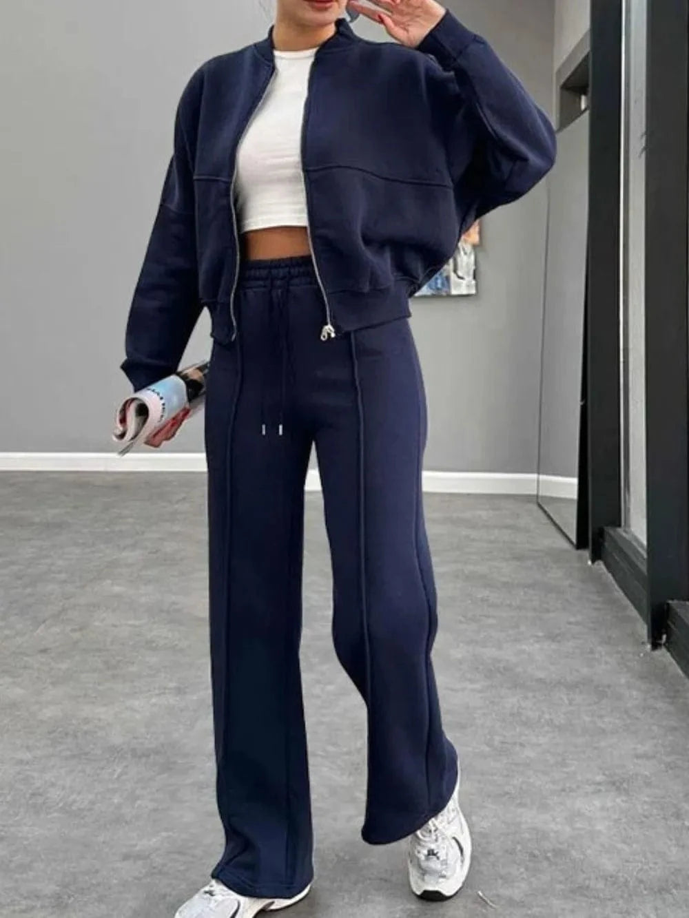 Baseball Collar Zip Up Outerwear and Drawstring Pants Set - ShalayeFashion
