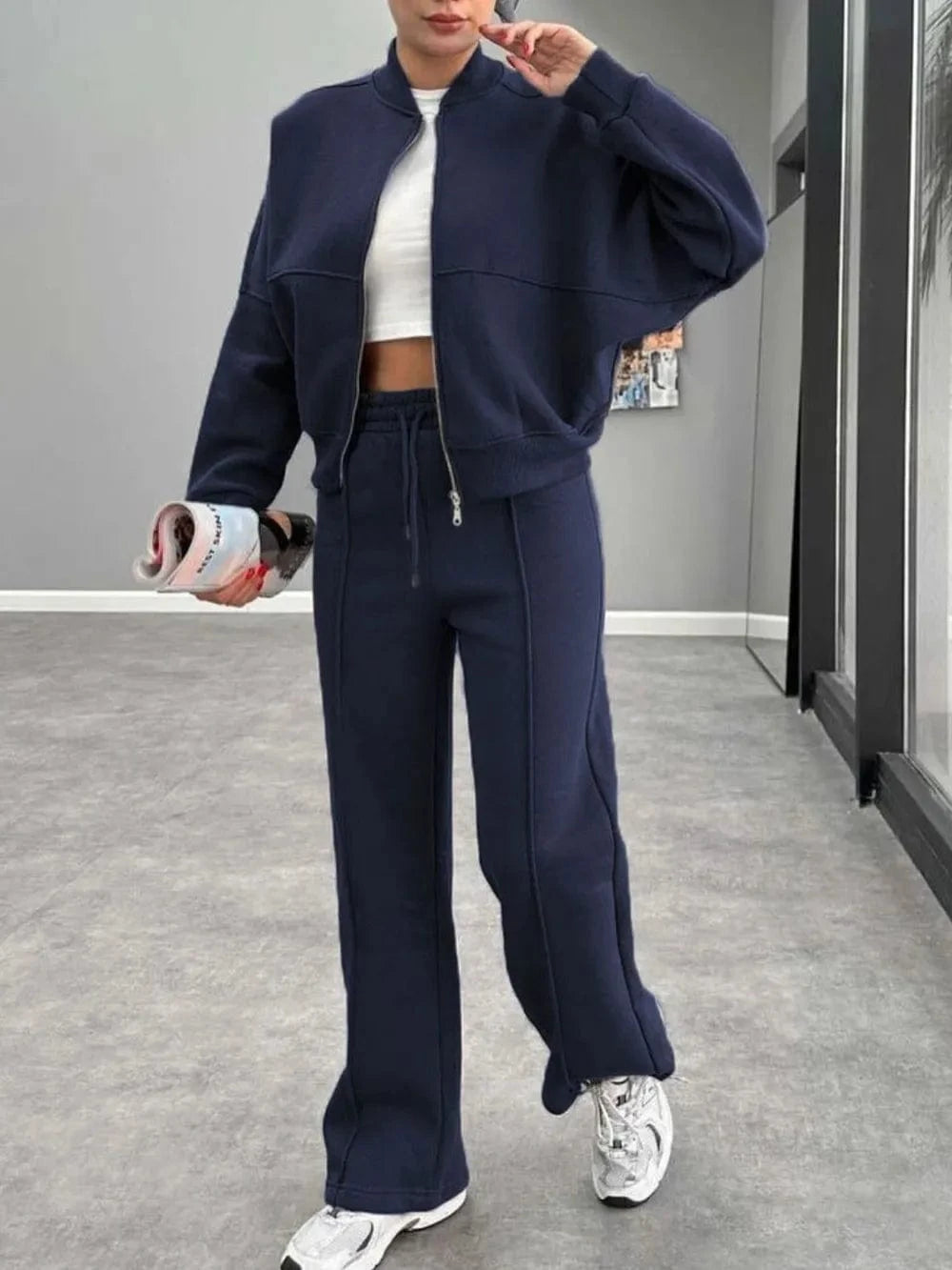Baseball Collar Zip Up Outerwear and Drawstring Pants Set - ShalayeFashion