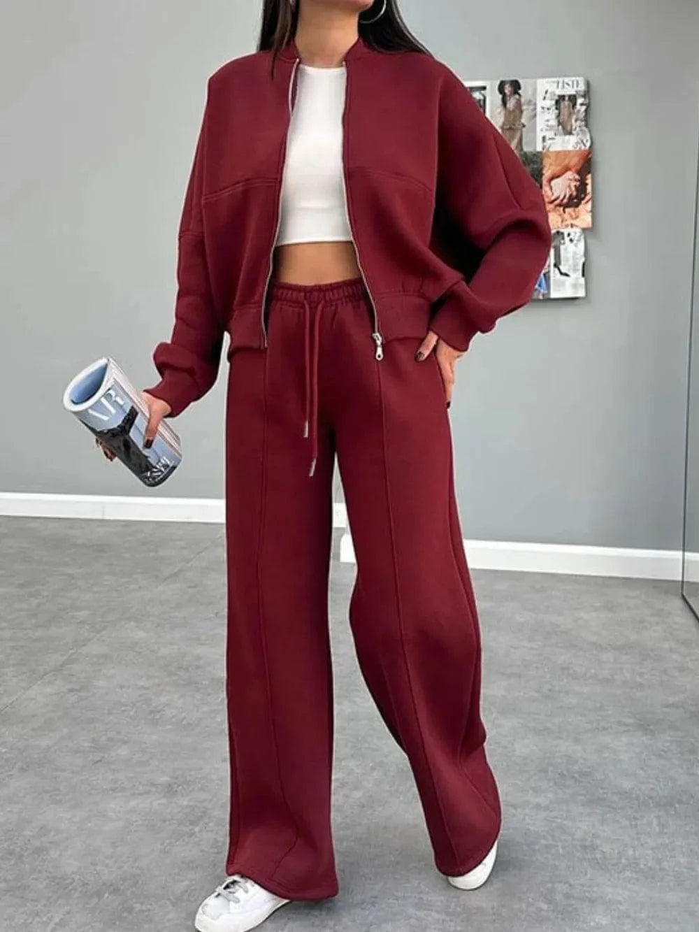 Baseball Collar Zip Up Outerwear and Drawstring Pants Set - ShalayeFashion