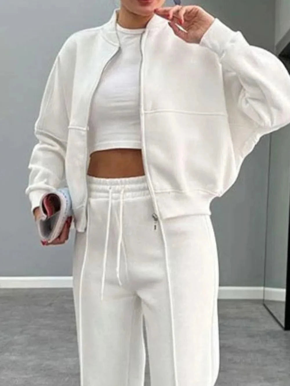 Baseball Collar Zip Up Outerwear and Drawstring Pants Set - ShalayeFashion