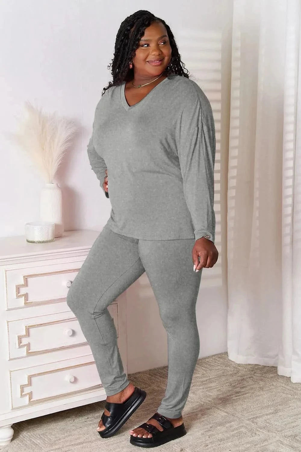 Basic Bae Bamboo Full Size V - Neck Long Sleeve Top and Pants Lounge Set - ShalayeFashion