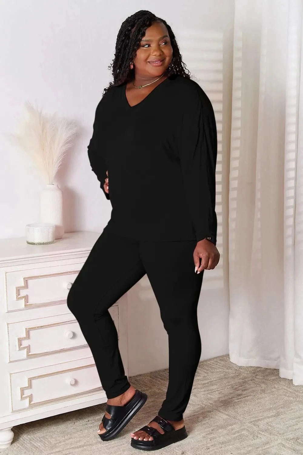 Basic Bae Bamboo Full Size V - Neck Long Sleeve Top and Pants Lounge Set - ShalayeFashion