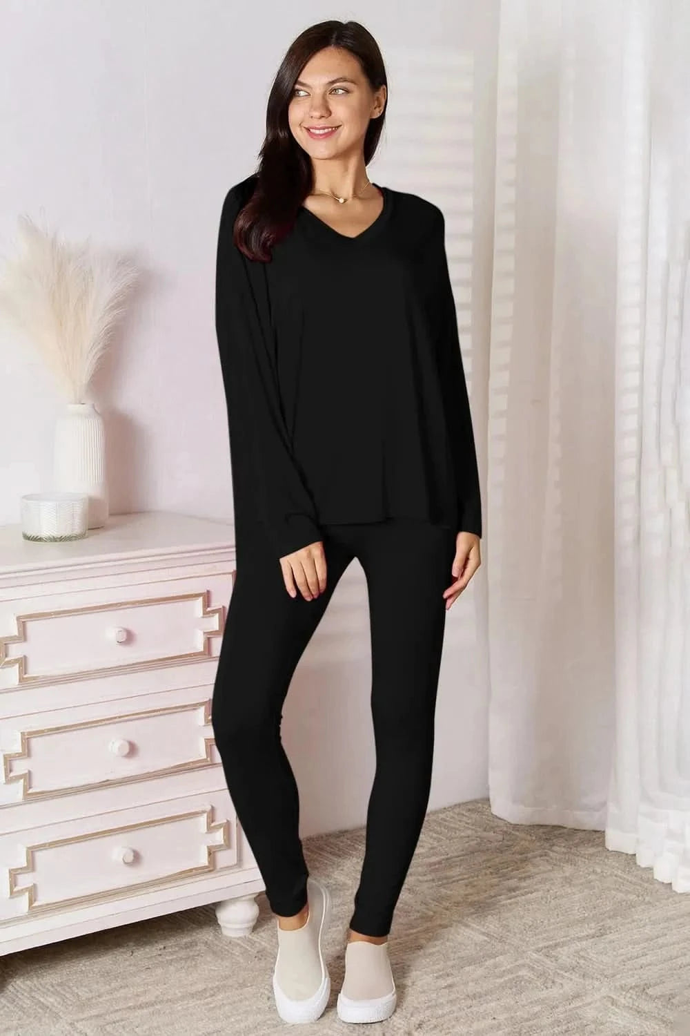 Basic Bae Bamboo Full Size V - Neck Long Sleeve Top and Pants Lounge Set - ShalayeFashion