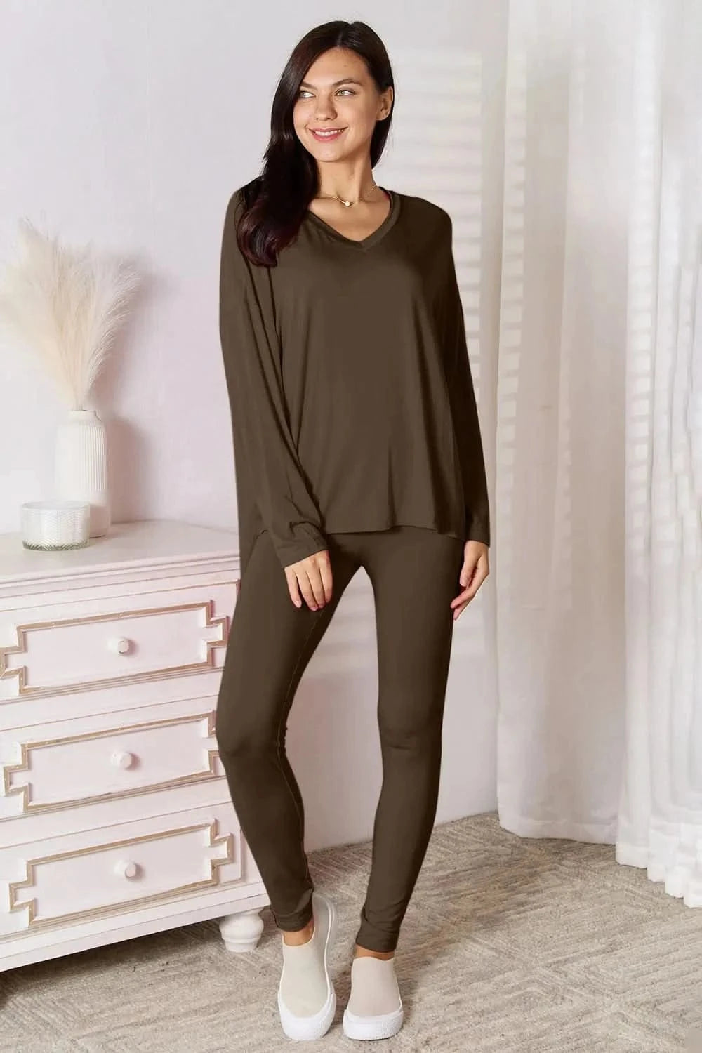 Basic Bae Bamboo Full Size V - Neck Long Sleeve Top and Pants Lounge Set - ShalayeFashion