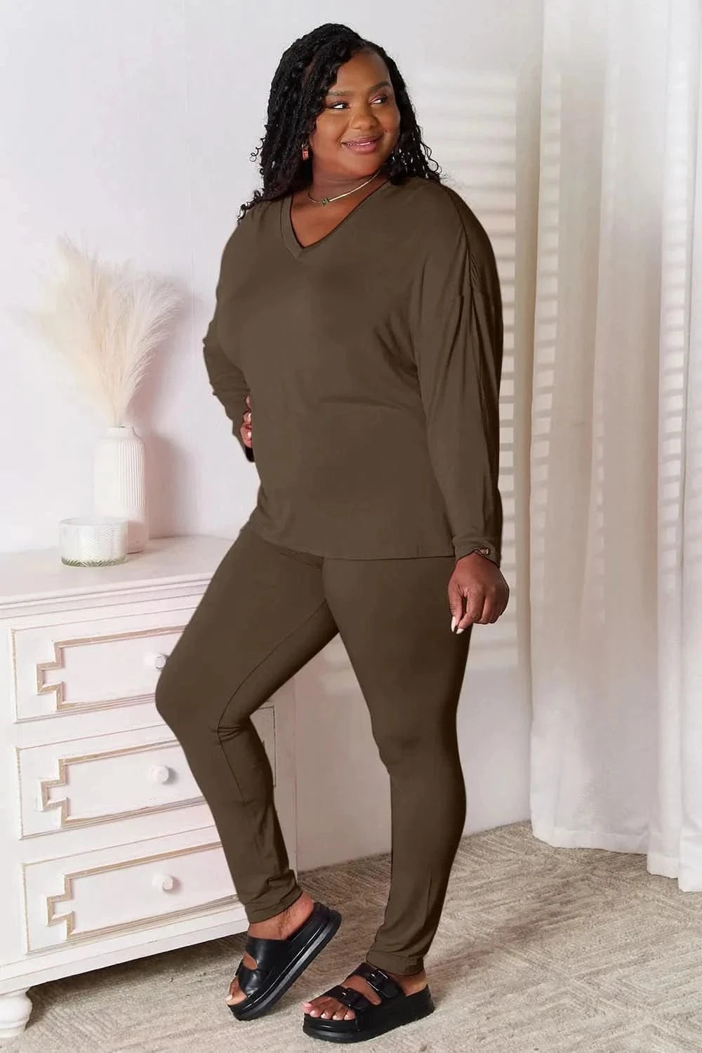 Basic Bae Bamboo Full Size V - Neck Long Sleeve Top and Pants Lounge Set - ShalayeFashion