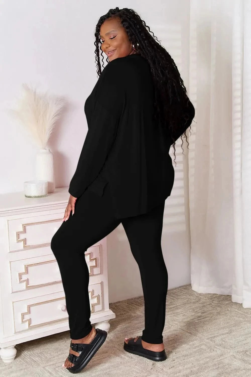 Basic Bae Bamboo Full Size V - Neck Long Sleeve Top and Pants Lounge Set - ShalayeFashion