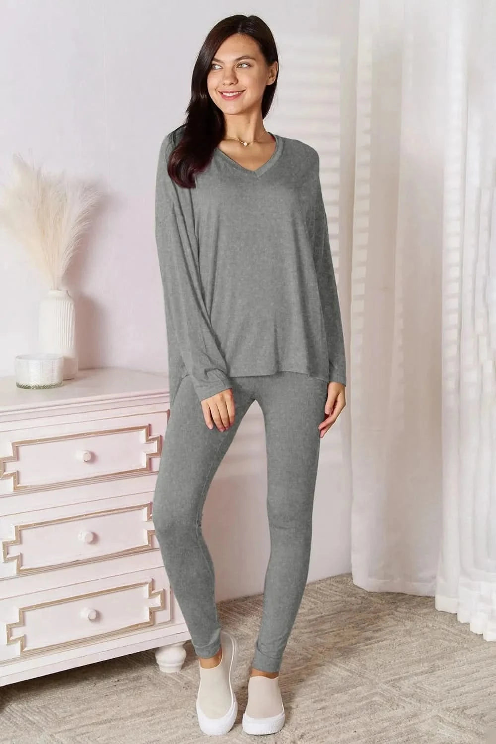 Basic Bae Bamboo Full Size V - Neck Long Sleeve Top and Pants Lounge Set - ShalayeFashion