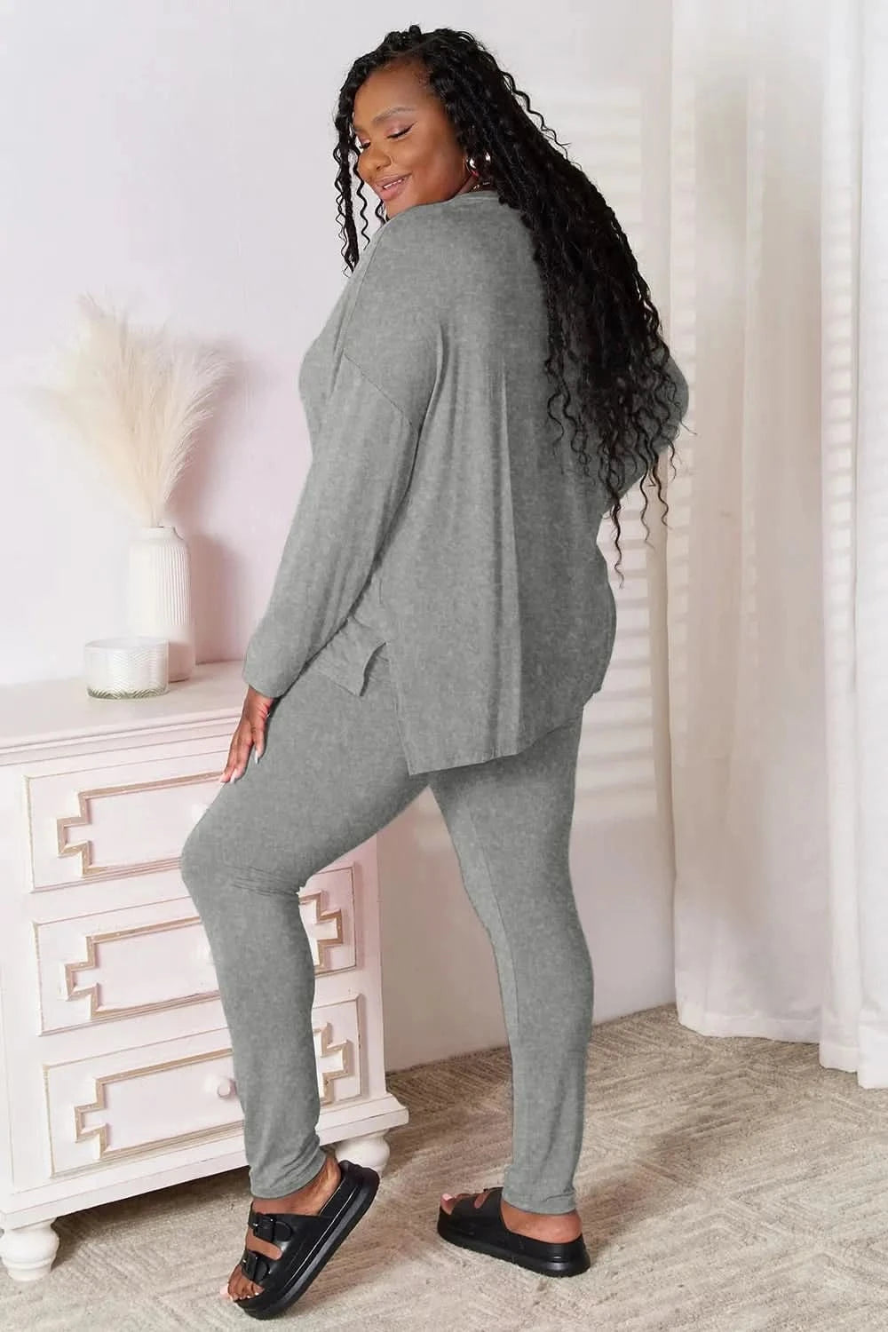 Basic Bae Bamboo Full Size V - Neck Long Sleeve Top and Pants Lounge Set - ShalayeFashion