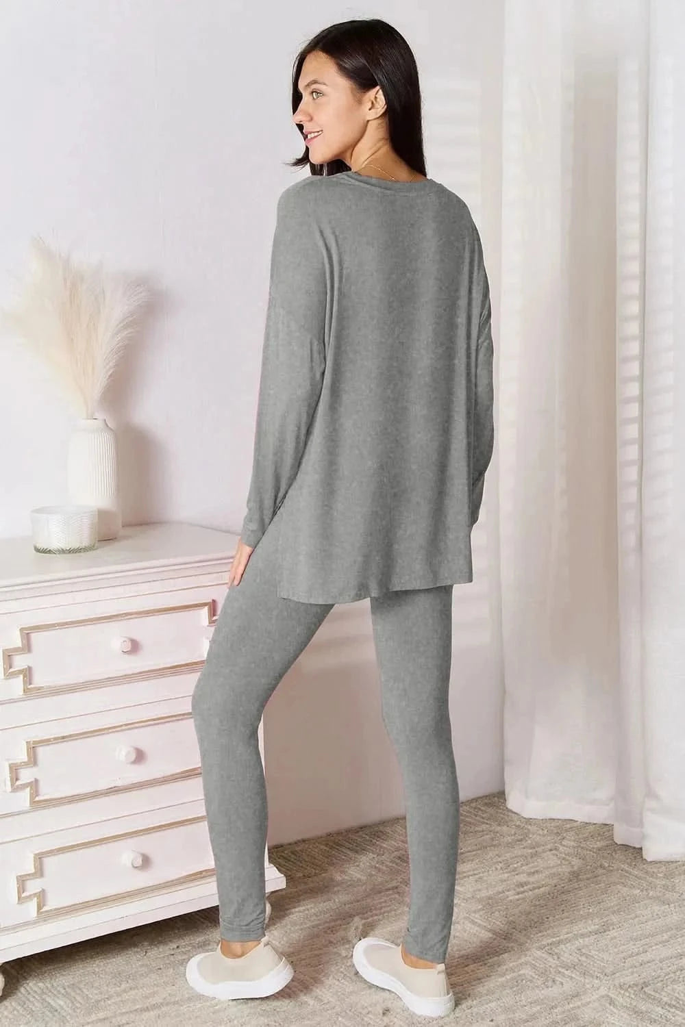 Basic Bae Bamboo Full Size V - Neck Long Sleeve Top and Pants Lounge Set - ShalayeFashion