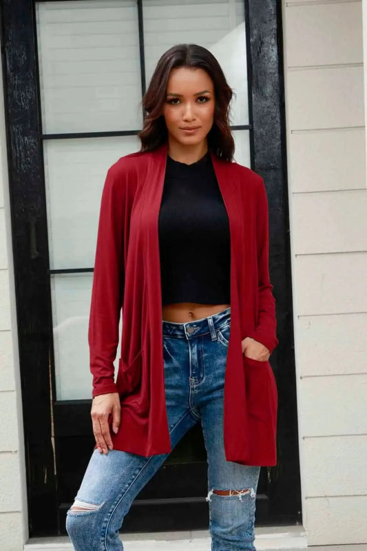 Basic Bae Full Size Open Front Long Sleeve Cardigan with Pockets - ShalayeFashion