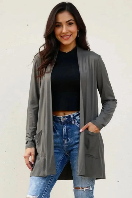 Basic Bae Full Size Open Front Long Sleeve Cardigan with Pockets - ShalayeFashion